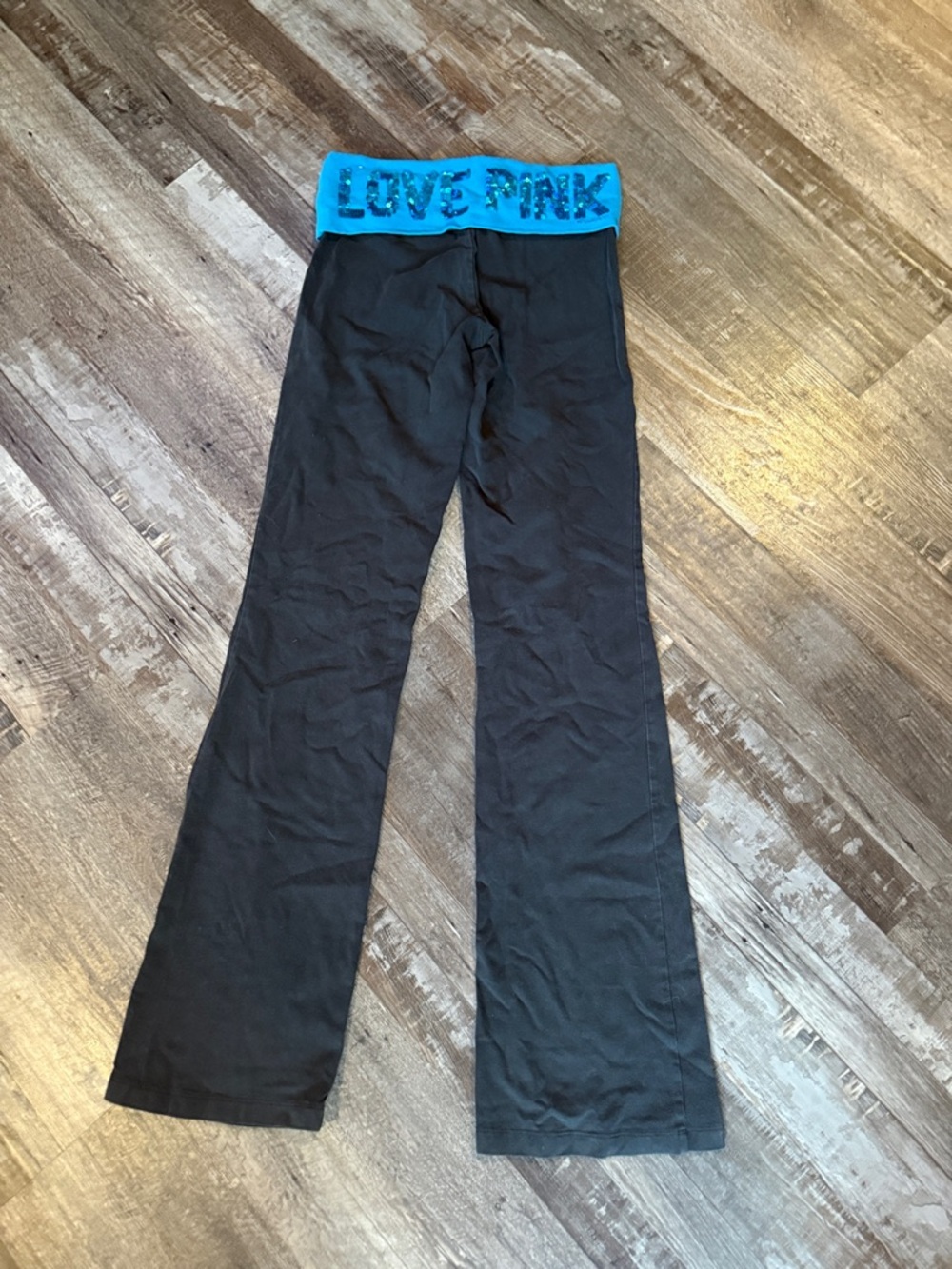 Victoria's Secret PINK Black Flare Leggings with Blue Fold-Over Waistband